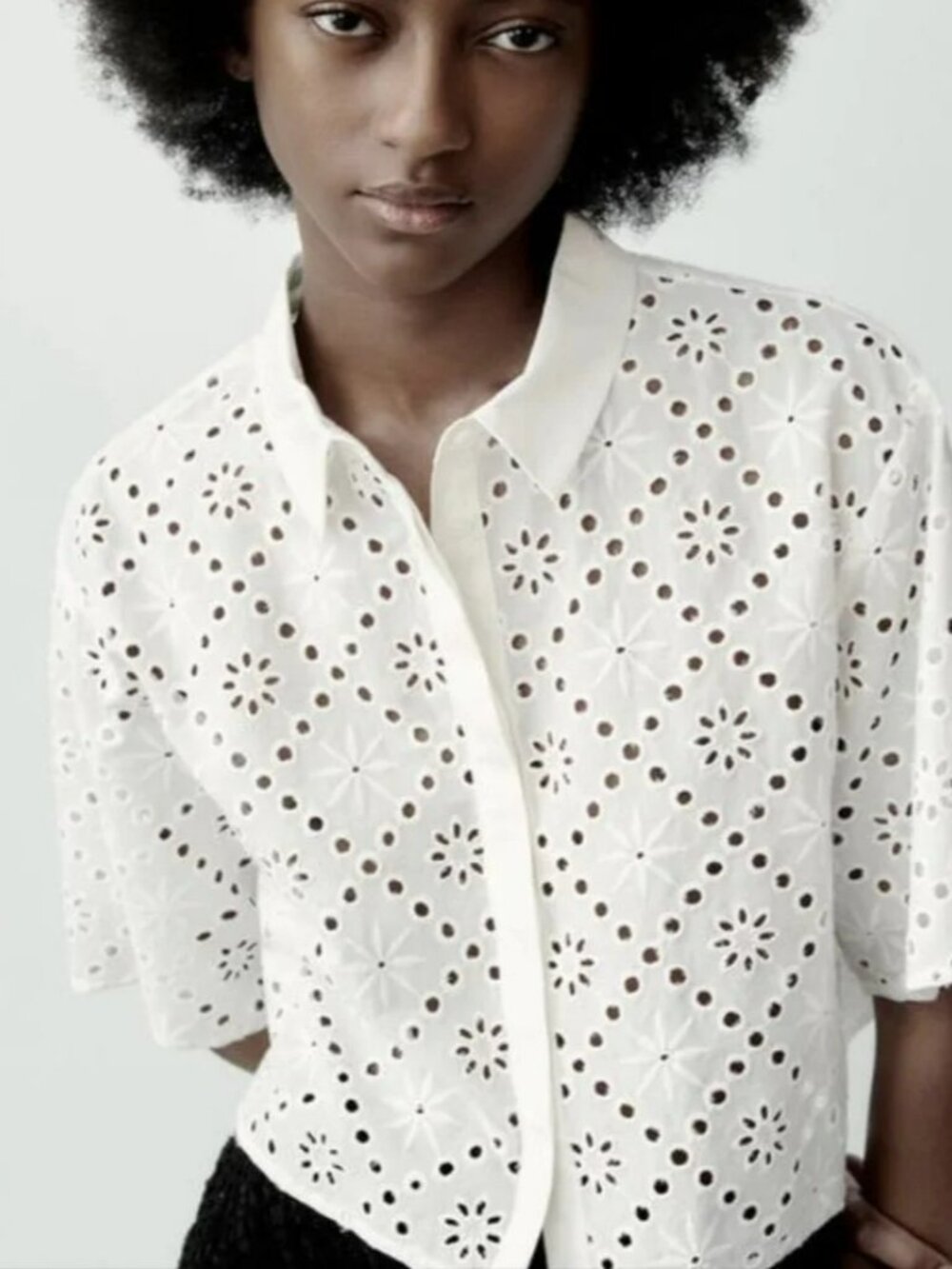 Zara White Eyelet Cropped Button Down Shirt